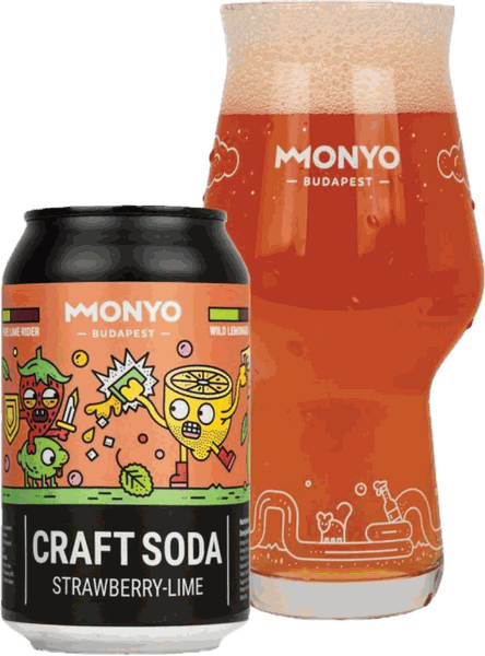 Monyo Craft Soda Strawberry-Lime doboz és pohár